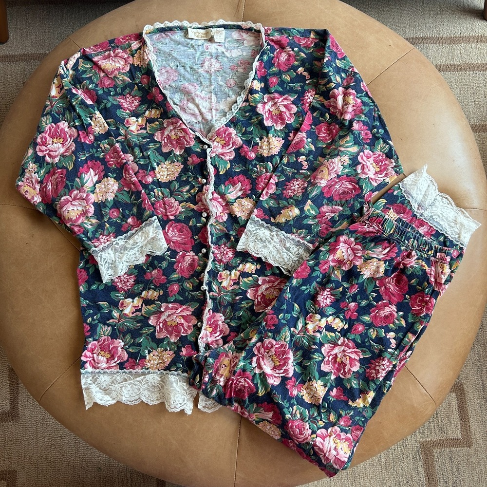 Vintage Victorias Secret Gold Label Floral Lace Cotton Pajama Set Cottage Rose M